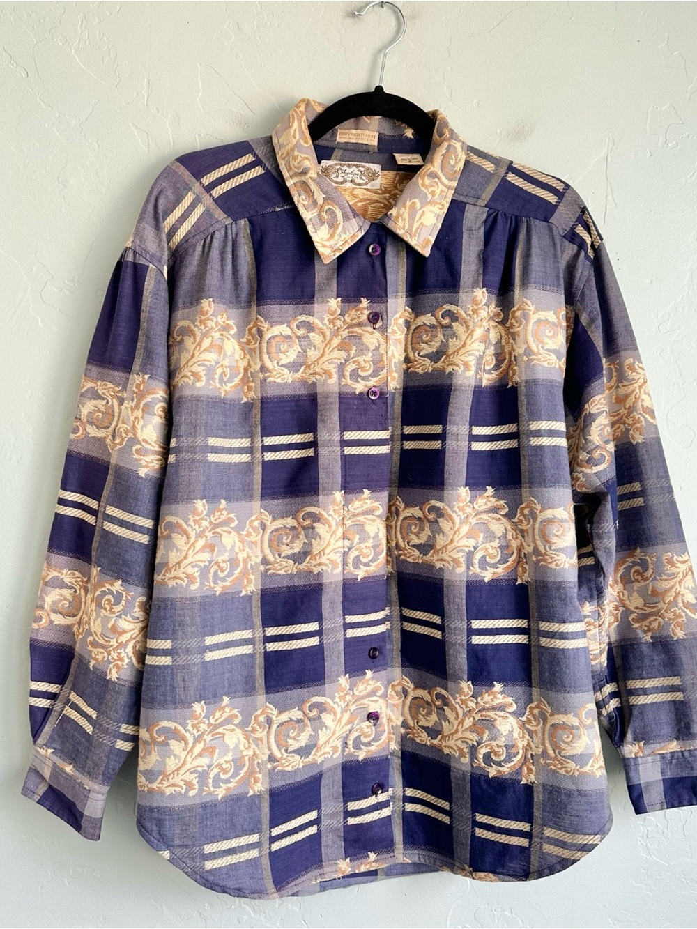 Women's Navy and Cream Patterned Button-Down Shirt